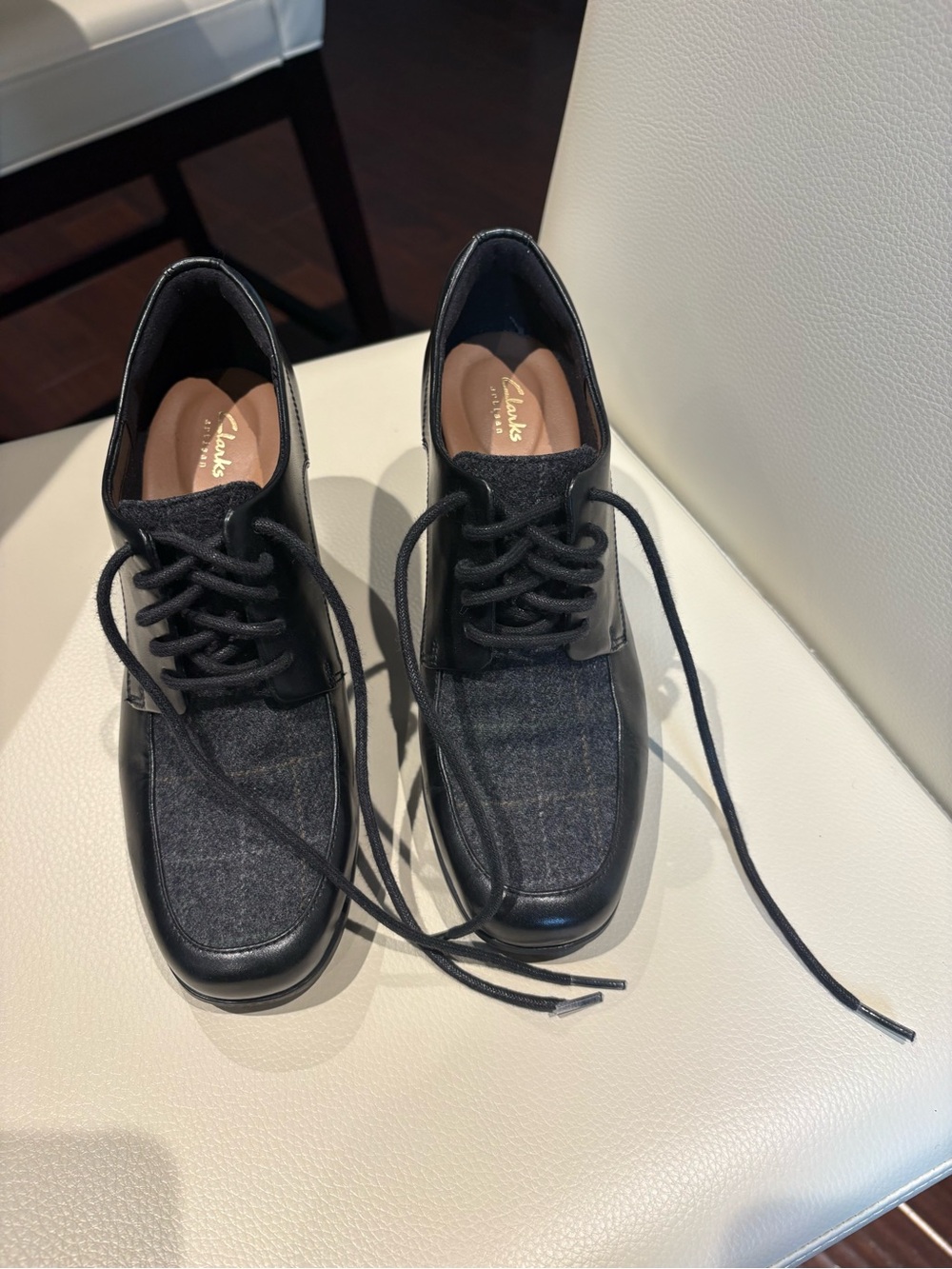 Clarks Women’s Black Leather and Charcoal Fabric Oxfords